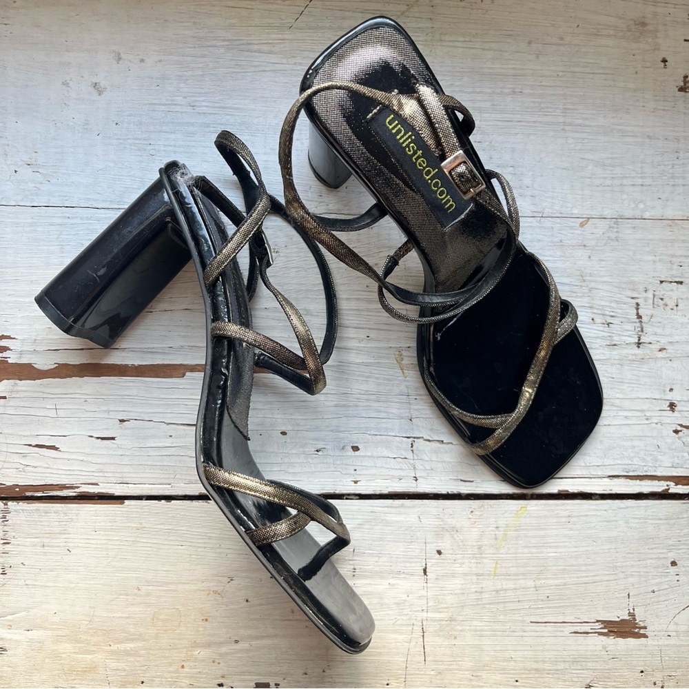 Vintage Y2K unlisted Metallic Strappy Square Toe Chunky Heel